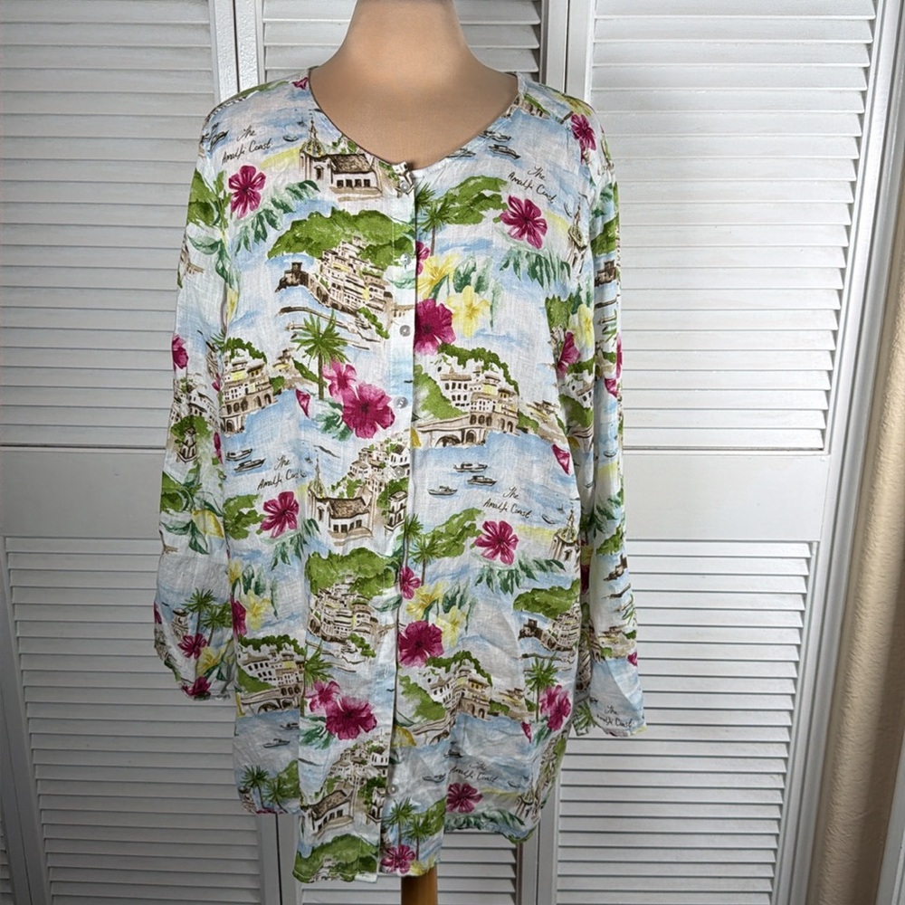 Cynthia‎ Rowley 100% Linen Amalfi Coast Print Button Down Tunic 2X